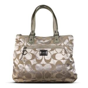 COACH Poppy Metallic Signature Logo Glam Tote Silver/Khaki Office Travel Classic